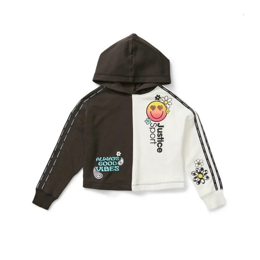 Justice Black White Glitter Logo Daisy Happy Face Pullover Hoodie Size L 12/14